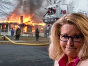 PHOTO Liz Cheney Smiling As Fire Department Tries To Put Out House Fire Meme