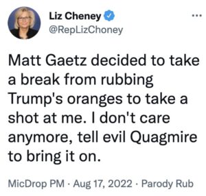 PHOTO Liz Cheney Thinks She's Cool For Saying Matt Gaetz Rubbed Trump's Oranges