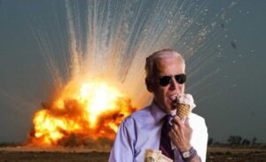 PHOTO Snowflake Joe Biden Eating An Ice Cream Cone While The World Explodes Meme