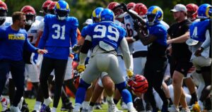 PHOTO Still Shot Of Aaron Donald Swining Two Bengal Helmets During Joint Practice