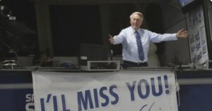 PHOTO Vin Scully Standing And Air Hugging Crowd With Banner That Says I'll Miss You