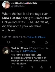 PHOTO Dude On The Internet Is Salty That Eliza Fletcher's Is Being Turned Into Political Narrative By Hollywood Elites