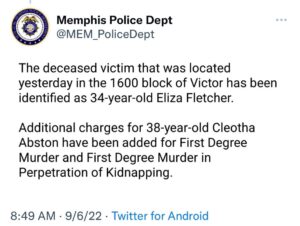 PHOTO Eliza Fletcher's Body Was Found At Exactly The 1600th Block Of Victor In South Memphis