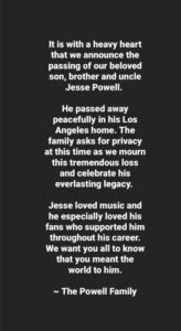 PHOTO Jesse Powell's Sister Announces Her Passed Away Today