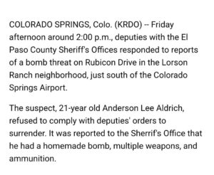 PHOTO Anderson Lee Aldrich Made Bomb Threat In Lorson Ranch Neighborhood In Colorado Springs And Had Explosives And Weapons In His Possession In June Of 2021