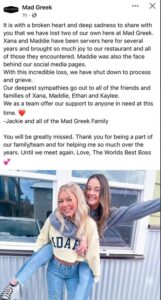 PHOTO Mad Greek Restaurant Says They Shut Down To Grieve Xana And Maddie's Deaths In Idaho Homicides