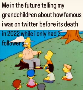 PHOTO Me In The Future Telling My Grandchildren About How Famous I Was On Twitter Before Its Death In 2022 While I Only Had 3 Followers Meme