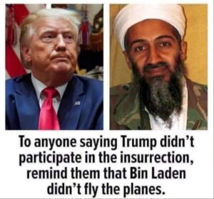 PHOTO To Anyone Saying Trump Didn't Participate In The Insurrection Remind Them That Bin Laden Didn't Fly The Planes Meme