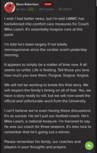 PHOTO UMMC Hospital Transitioned Mike Leach To Hospice Care This Morning