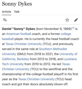 PHOTO Somebody Changed Sonny Dykes Wikipedia Page And Said TCU Got Their Doors Blown Off In National Championship Game