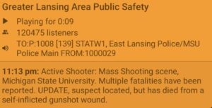 PHOTO Greater Lansing Public Safety Scanner Confirmed Active Shooter Was Found Dead From Self-Inflicted Gunshot Wound At 11:13 PM