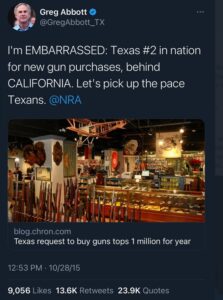 PHOTO Greg Abbott Said In 2015 He Was Embarrassed That Texas Was #2 In The Nation For New Gun Purchases Behind California