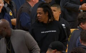 PHOTO Jay Z Inside Crypto.com Arena Wearing This Is Black Magic Sweater During Lebron's Attempt To Pass Kareem