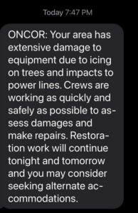 PHOTO Of Text Messages Texans Are Getting From Oncor Telling Them To Seek Alternate Accomodations While Power Is Restored When They Have No Other Option