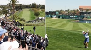 PHOTO Tiger Wood Reception At Riviera Today Packed Vs Phil Mickelson Playing In Front Of Nobody In The Desert