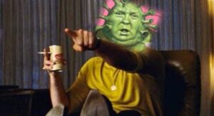 PHOTO Donald Trump Pointing At The TV With Shrek Face Holding Mug And Cigarette Watching Himself Get Indicted