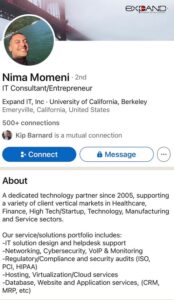 PHOTO Of Nima Momeni's Deleted LinkedIn Page Says He's An Entrepreneur In Emeryville California