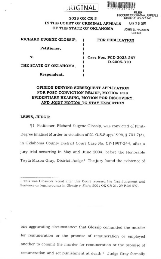 Photo Of Oklahoma Criminal Court Of Appeal Document Showing Ag Motion To Vacate Was Denied For 