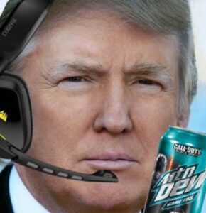 PHOTO Donald Trump Wearing Gaming Headset And Drinking Mountain Dew While Hacking Ron DeSantis' Twitter Spaces Meme