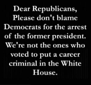 PHOTO Dear Republicans Don't Blame Democrats For The Arrest Of The Former President We're Not The Ones Who Voted To Put A Career Criminal In The White House