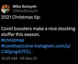 PHOTO Mike Batayeh Joking In 2021 That COVID Booster Shots Would Make A Great Stocking Stuffer For Christmas