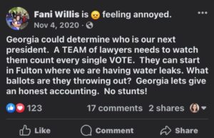 PHOTO Fani Willis Posted Conspiracy Theory On Facebook On November 4th 2020