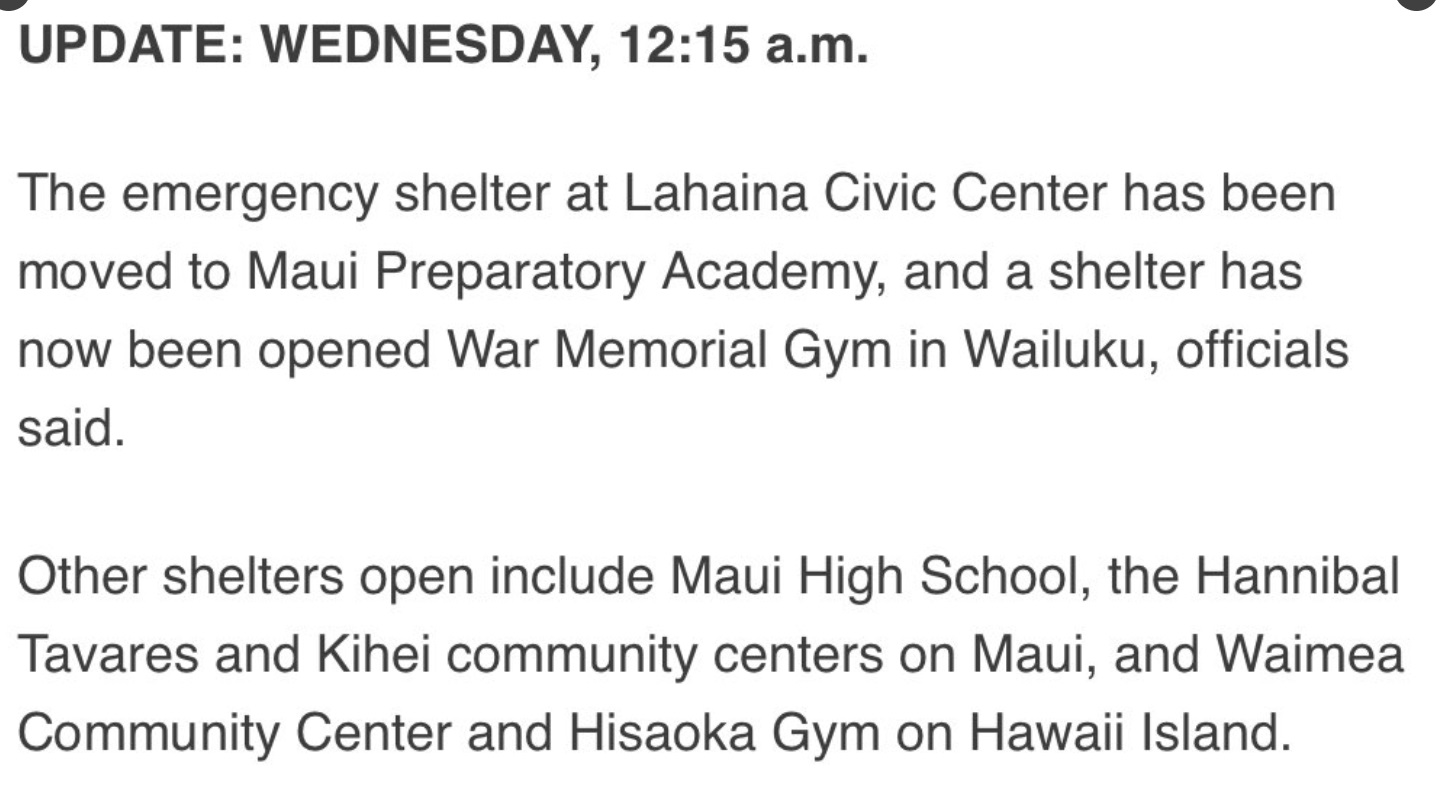 PHOTO List Of Shelters In Wailuku And Maui During Wildfire This Morning