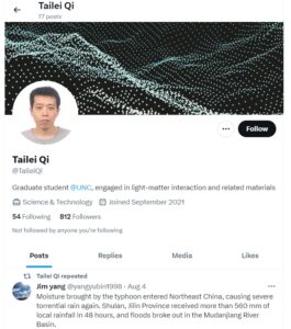 PHOTO Of UNC Shooter Tailei Qi's Twitter Account Before It's Taken Down Because He's A Domestic Terrorist