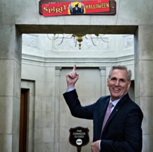 PHOTO Kevin McCarthy Pointing At Spirit Halloween Sign Meme