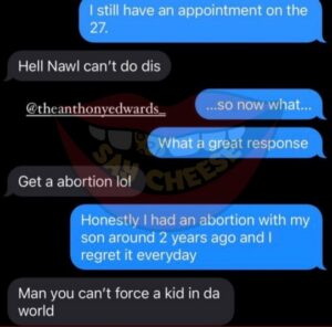 PHOTO Anthony Edwards Texting His Girlfriend Who He Nutted It Saying You Have To Get Abortion Because You Can't Force Kid In The World