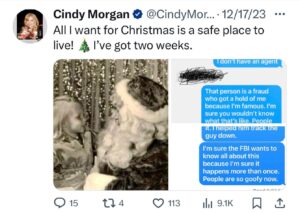 PHOTO Ironic Post From Cindy Morgan Saying All She Wanted For Christmas Was A Safe Place To Live With Only 2 Weeks Left