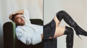 PHOTO Travis Kelce Wearing Taylor Swift's Black Skirt And Black Boots While Sitting On Couch Meme