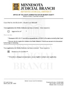 PHOTO Document Showing Nicole Mitchell Was Denied A Public Defender Because She Wanted A Free Lawyer