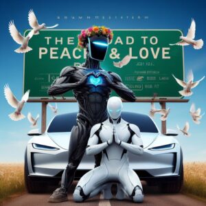 PHOTO The Road To Peace And Love Tesla Robots And Roadster Car Leading The Way Meme