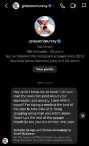 PHOTO Grayson Murray Admitting In The DM's He's Depressed As F*ck