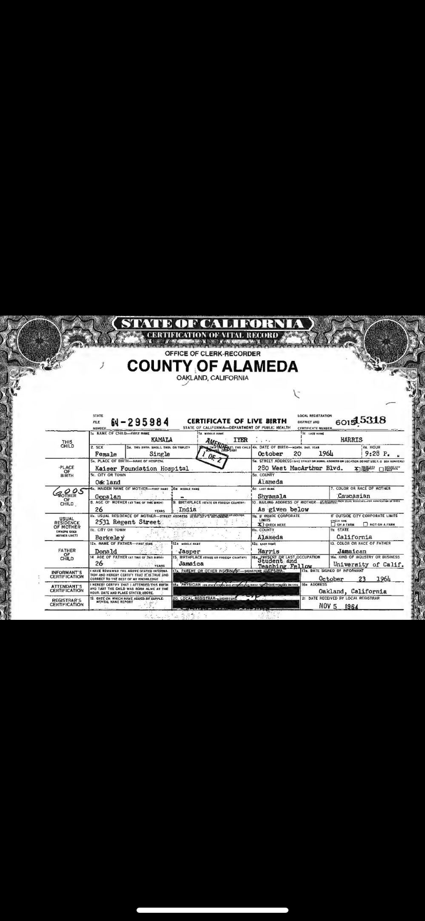 PHOTO Of Kamala Harris' Birth Certificate Shows She Black Because Of Her Father