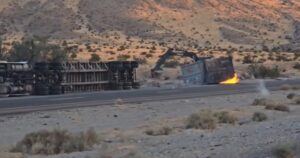 PHOTO Of Truck On Fire Near Barstow CA That Shut Down I-15 After Lithium-Ion Batteries It Was Carrying Caught Fire