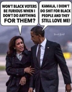 PHOTO Won't Black Voters Be Furious When I Don't Do Anything For Them Kamala I Didn't Do Shit For Blaclk People And They Still Love Me Kamala Harris Obama Meme