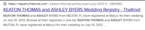 PHOTO Ashley Benefield's Wedding Registry With Keaton Thomas From 2012 In Florida