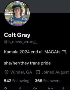 PHOTO Colt Gray Original Twitter Account Shows Hometown As Winder Georgia And Said Trans Pride In His Biography