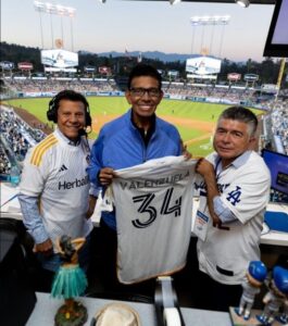 PHOTO Fernando Valenzuela Holding An LA Galaxy Jersey With His Name On The Back In Dodgers Pressbox