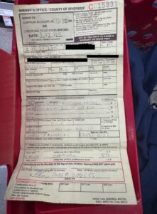 PHOTO Of Notice Vem Miller Signed Given To Him From The Riverside County Sheriff's Office