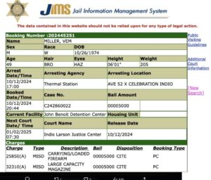 PHOTO Of Vem Miller's Arrest Booking Sheet In California