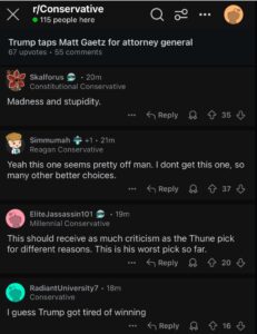 PHOTO Conservative Subreddit Not Handling It Well That Matt Gaetz Got Picked As AG