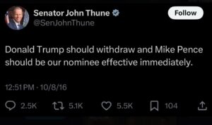 PHOTO John Thune Caught Deleting Post About In 2016 Saying Donald Trump Should Withdraw As Nominee For President Of The United States