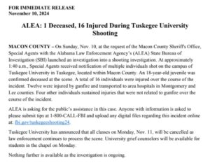 PHOTO News Release On Tuskegee University Mass Shooting