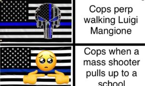 PHOTO Cops Perp Walk With Luigi Mangione Vs Cops When A Mass Shooter Shows Up To School Meme