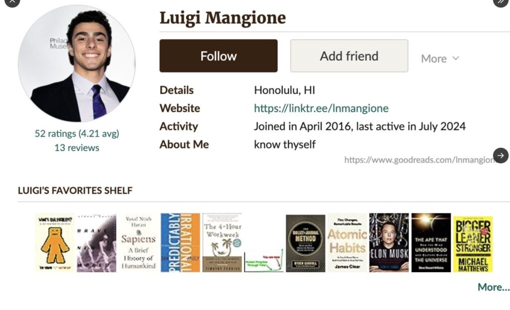 PHOTO Luigi Mangione's Goodreads Page Is Insane