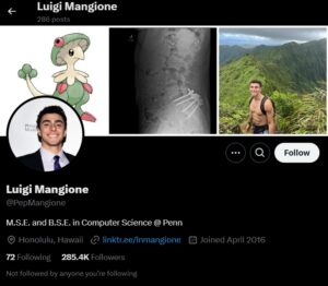 PHOTO Of Luigi Mangione's Twitter X Handle