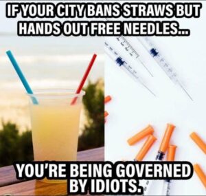 PHOTO If Your City Bans Straws But Hands Out Free Needles You're Being Governed By Idiots California Meme